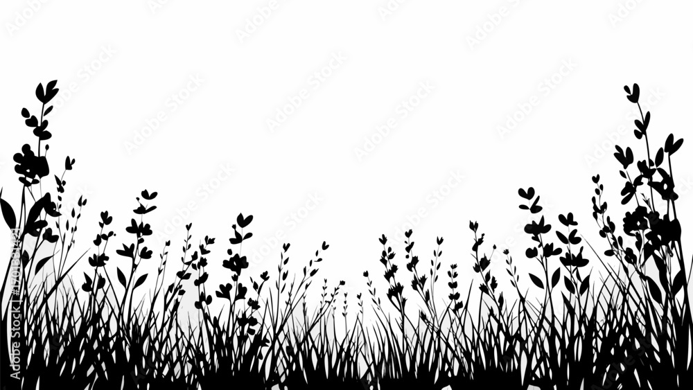 Poster vector silhouette of grass and plants in a field against a white background in a simple and elegant 