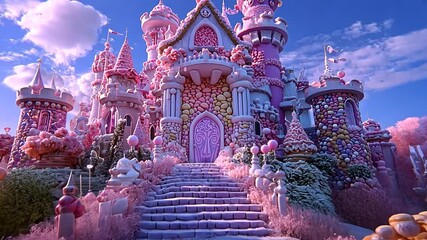Vibrant enchanting candy castle with sugary delights pink purple stands under bright sky for surrounded whimsical landscape fairytale scene magical sweet fantasy concept - Powered by Adobe