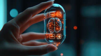 close-up of a female hand holding a transparent futuristic capsule, inside is a collection of glowing holographic UI icons representing: AI brain, digital