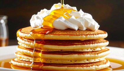 Stack of pancakes with whipped cream and honey