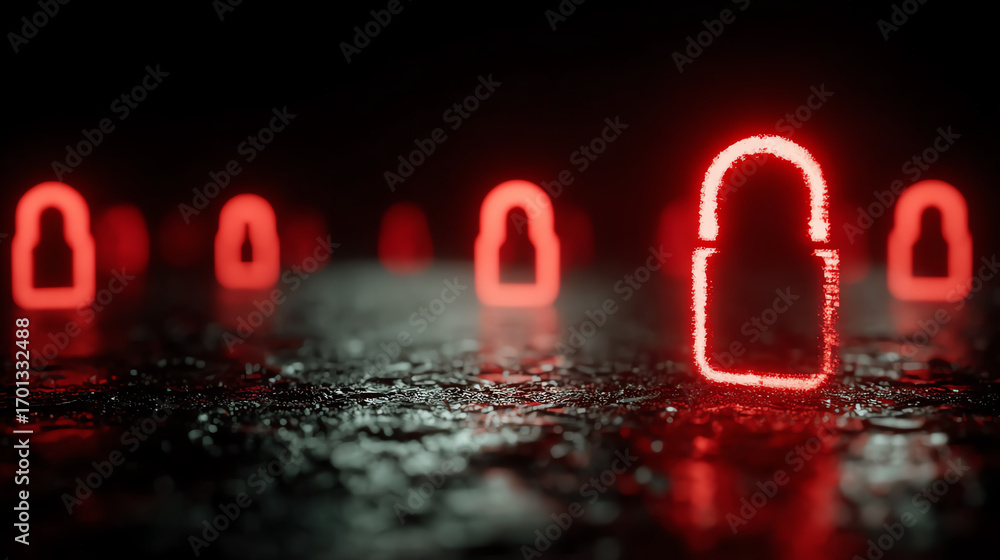 Poster a striking visualization of red lock icons on a wet surface, symbolizing security and protection in 