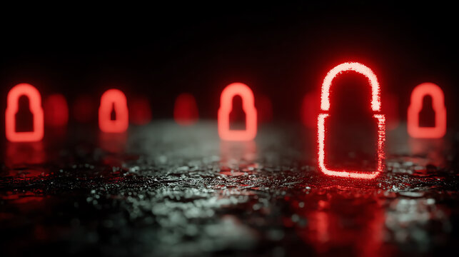 A striking visualization of red lock icons on a wet surface, symbolizing security and protection in digital spaces.