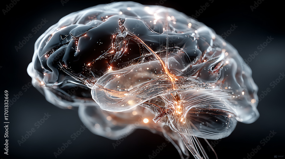 Poster a stunning digital rendering of a brain showcasing neural connections and synapses, representing the