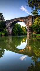 Stone arch bridge over river at dawn