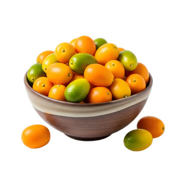 A bowl filled with kumquats, some orange and some green, displayed on a white background.