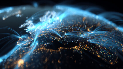 A stunning visualization of a digital world map representing global connectivity with illuminated pathways and glowing cities.