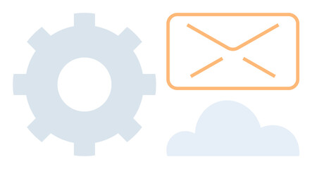 Gear, envelope, and cloud shapes symbolize technology, email communication, data storage, and workflow efficiency. Ideal for automation, cloud computing, email services tech concepts IT solutions
