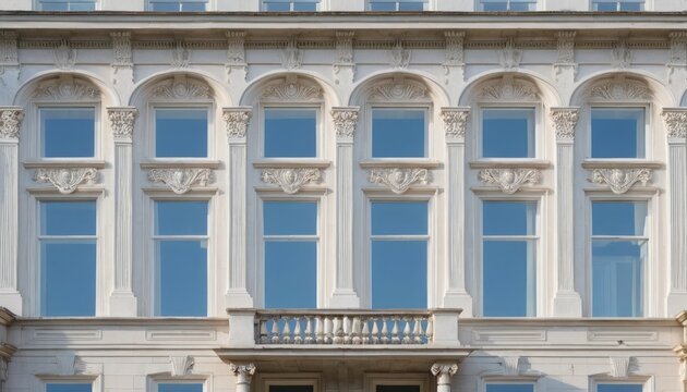 Close-up of a white building facade with arched windows and decorative carvings