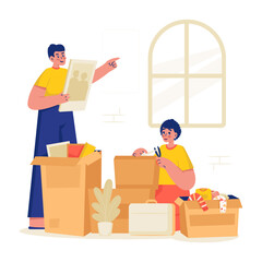 Family Unpacking Boxes and Decorating New Home Vector Illustration