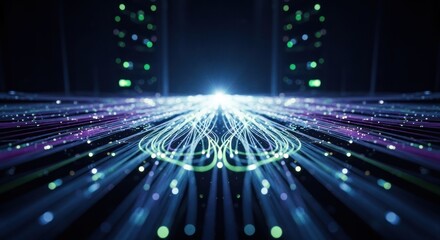 Luminous data streams converge, radiating light in a blue, purple, green expanse