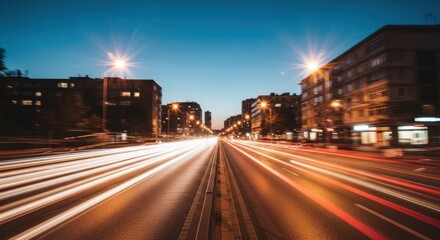 Obraz premium Long exposure blurs streetlights into streaks along a city avenue at dusk