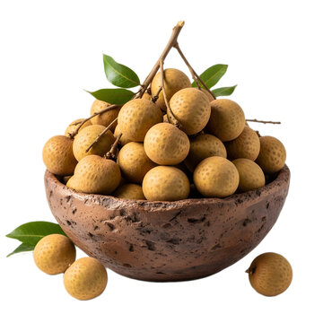 A bowl of fresh longans with leaves.