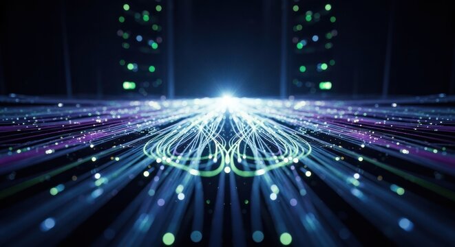 Luminous data streams converge, radiating light in a blue, purple, green expanse