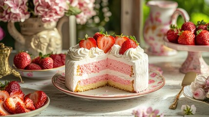 Fresh strawberry cheesecake slice with whipped cream, bright and cheerful presentation, dessert table setup food photography