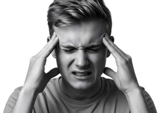 Black and white image of a young man experiencing a severe headache, clutching his temples in pain