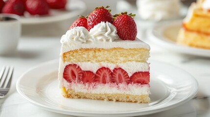 Fresh strawberry cheesecake slice with whipped cream, bright and cheerful presentation, dessert table setup food photography