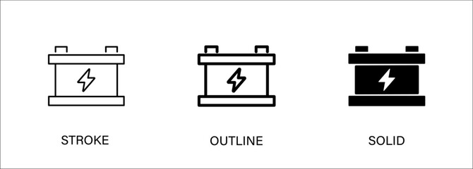 Battery icon for energy storage, EV, electricity, charging, power. Vector stroke, outline and solid icon. Eps10 file.