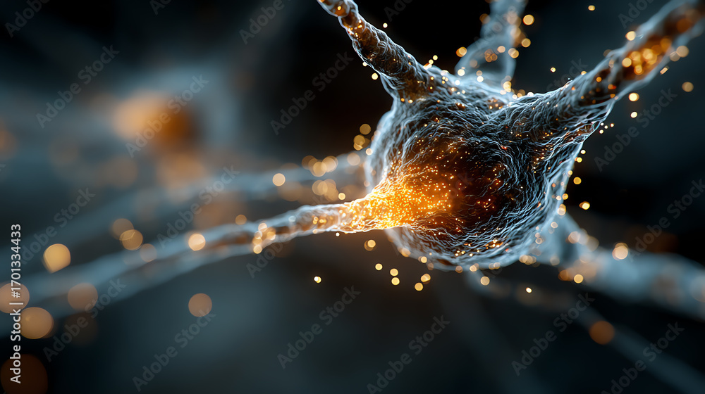 Poster a visually captivating representation of a neuron showcasing neural connections and synaptic activit