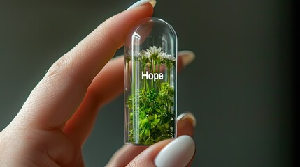 Generate A small glass capsule filled with green grass and wild flowers, held by a female hand with a delicate manicure between her fingers. 