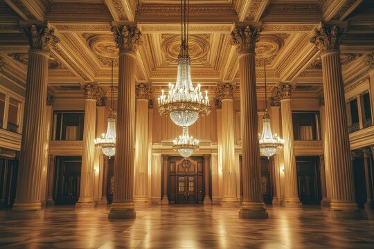 A large room with a chandel and chandel