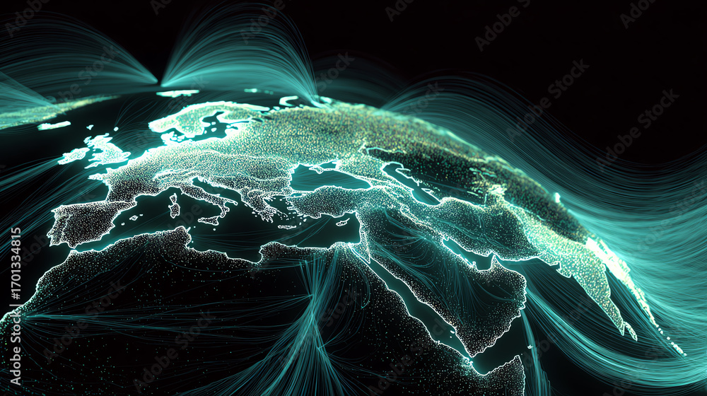 Poster abstract representation of interconnected data flows highlighting europe with glowing lines on a dar