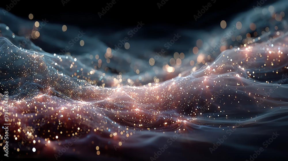 Poster abstract representation of waves and particles, showcasing a mesmerizing blend of colors and light e