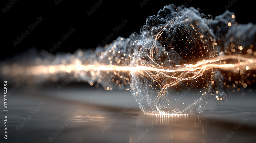 Poster abstract visualization of energy wave with luminous particles, evoking concepts of innovation and di