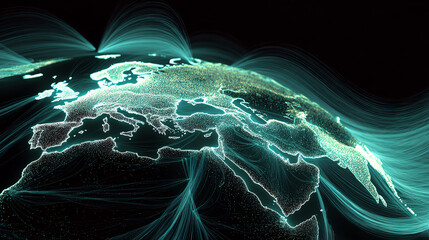 Abstract representation of interconnected data flows highlighting Europe with glowing lines on a dark background.