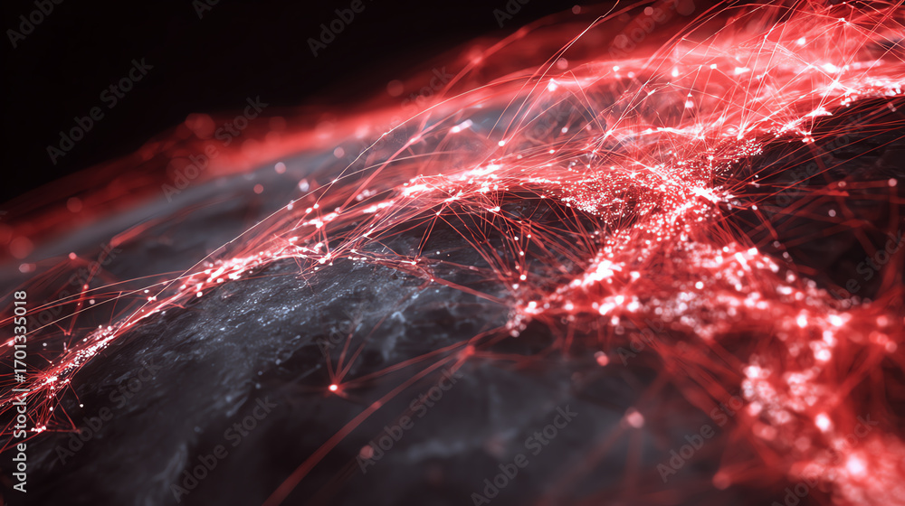 Poster an abstract representation of interconnected networks showcasing digital information flow and techno
