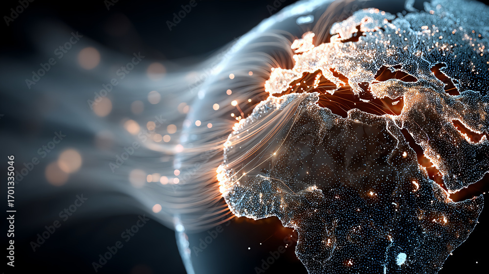 Poster an abstract representation of the earth with illuminated continents and swirling patterns, symbolizi