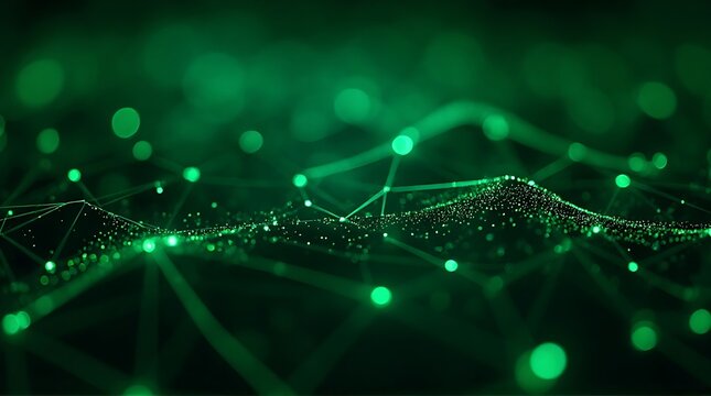 Abstract Green Network of Glowing Particles and Connections on Dark Background - Powered by Adobe
