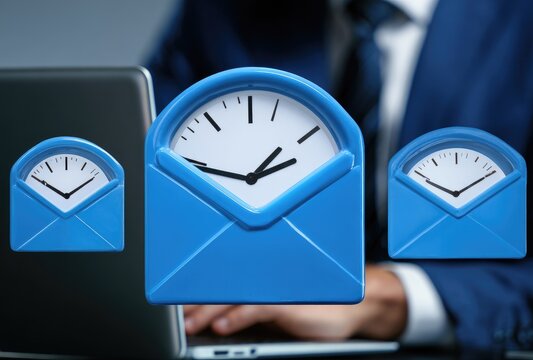 Businessman using laptop with email and time icons