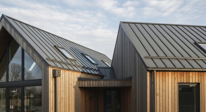 Modern house with wood siding and metal roof against cloudy sky