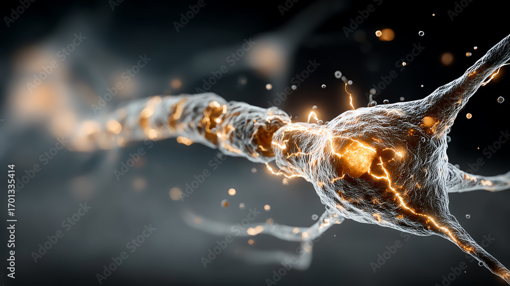 Poster an intricate neural network showcasing neuron connections with glowing synapses, symbolizing communi