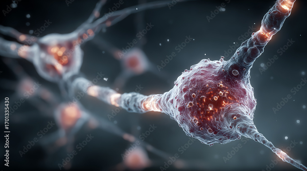 Poster an intricate representation of neurons showcasing their complex structure and connections in a vibra
