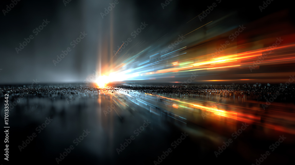 Poster bright light streaks create a dynamic and futuristic atmosphere, capturing movement and energy in a 