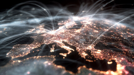 An illuminated digital map of Europe showcasing interconnected networks and data flow, symbolizing modern communication and technology.