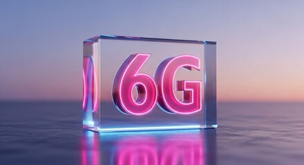 Neon pink "6G" encased in a clear cube. Blurred sunset background