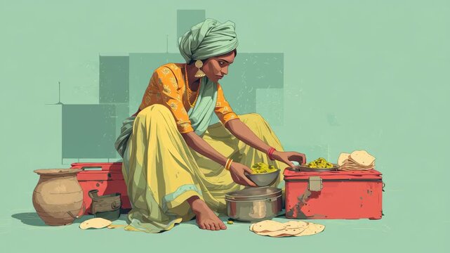 Woman preparing traditional Indian meal with chapati and vegetable curry sitting floor with clay pot and metal containers colorful ethnic clothing headscarf cultural food preparation cooking scene