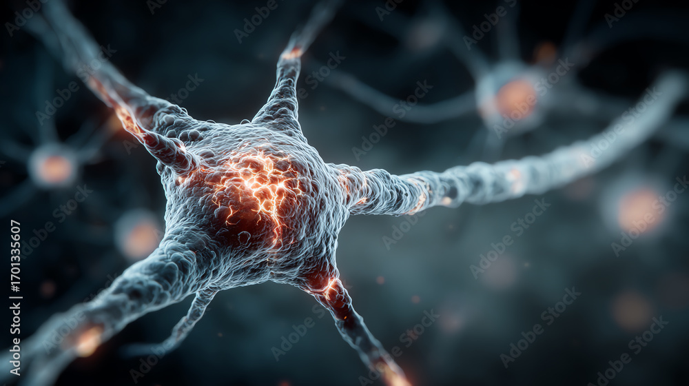 Poster Close-up view of a neuron with glowing connections, showcasing the intricate network of brain cells essential for communication.