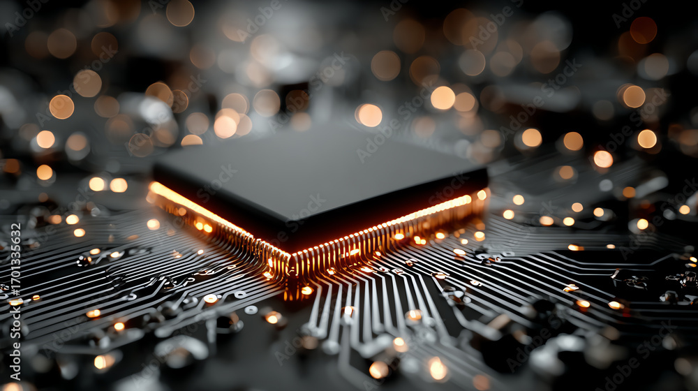 Aufkleber close-up view of a microchip on a circuit board, showcasing intricate design and glowing lights, sym