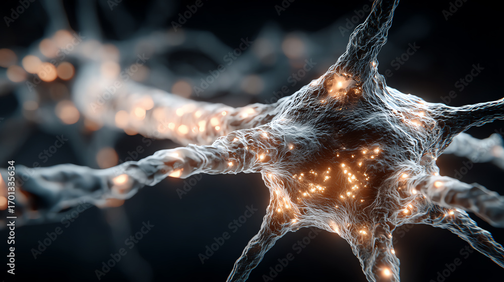 Poster close-up view of a neuron with glowing synapses, showcasing the intricate network of brain cells and