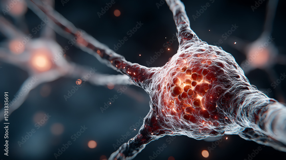 Poster close-up view of neurons showing intricate structures and glowing connections, emphasizing the compl