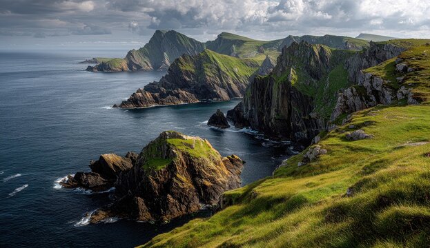 Rugged Irish coastline, dramatic cliffs, lush green hills meet dark sea