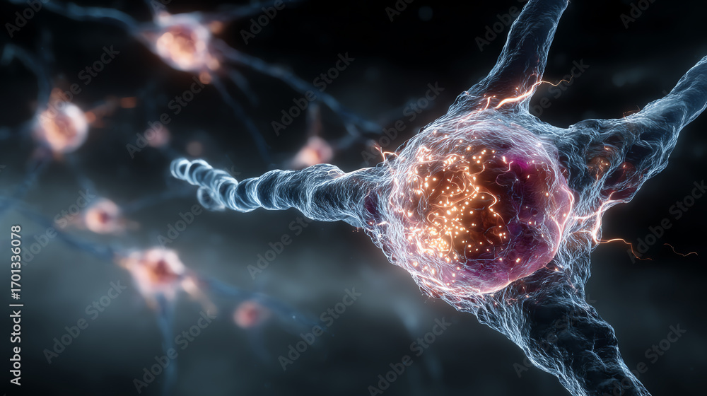 Poster microscopic view of neurons showcasing synaptic connections and activity, illustrating the complexit