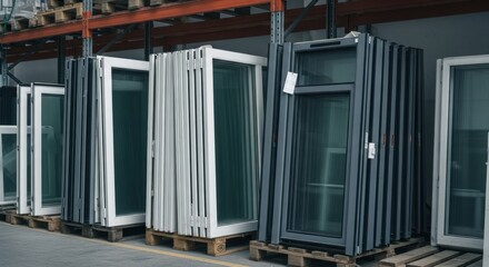 New windows stacked upright on wooden pallets in a storage area