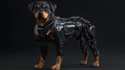 Rottweiler with metallic facial features and protective hybrid limb structure 