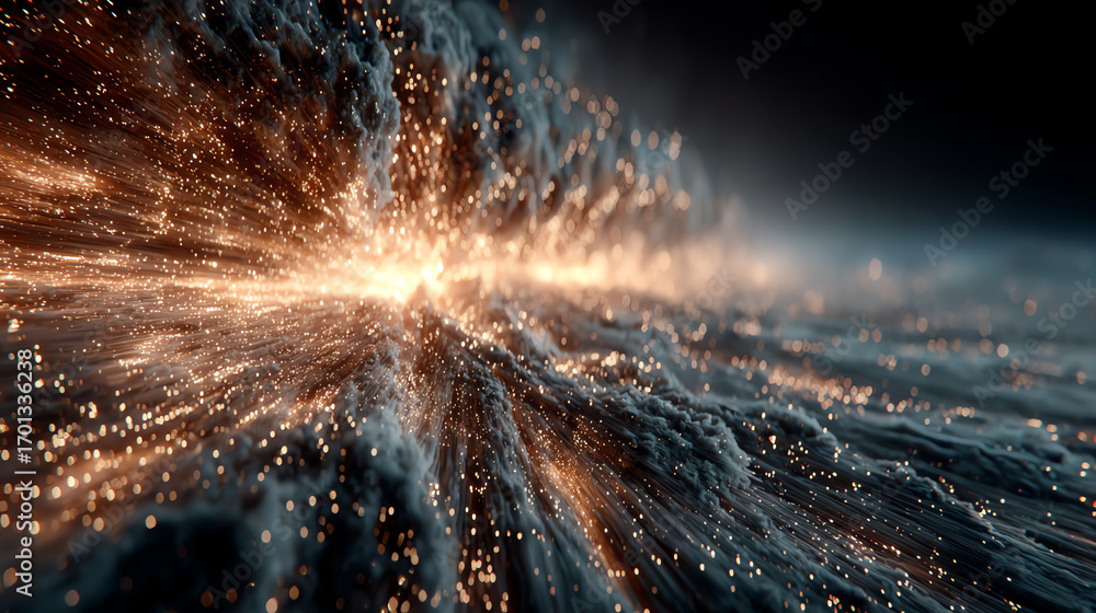 Poster stunning visualization of cosmic energy, showcasing luminous waves of light and particles that creat