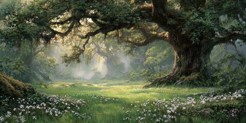 Lush, sunlit forest clearing