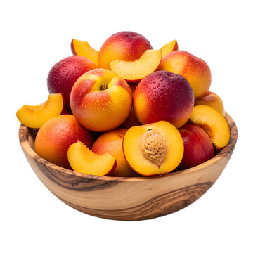 A wooden bowl overflowing with ripe nectarines, some whole and others sliced, showcasing their vibrant colors.